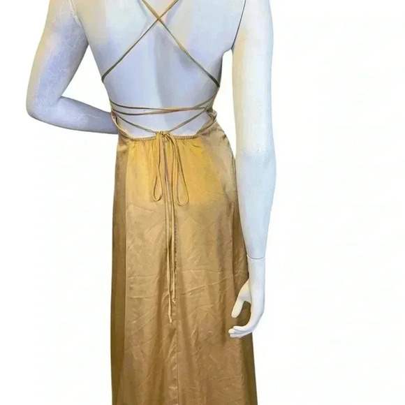Show Me Your Mumu Godshaw Goddess Tie Back Gown True Gold Luxe Satin’s Dress. - Picture 11 of 12